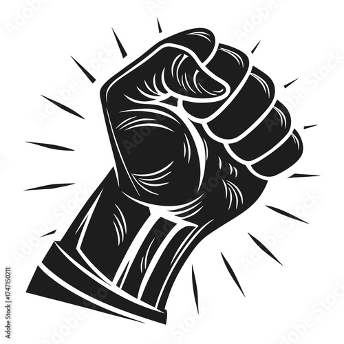 Black clenched fist symbol with radiating lines white