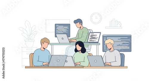 Illustration of team of software developers collaborating on coding projects in modern office environment