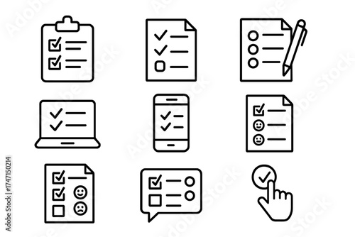 Survey and feedback line icon set. Questionnaire, poll, and customer satisfaction review vector symbols. Editable stroke pictograms for online forms, checklists and UI UX design.
