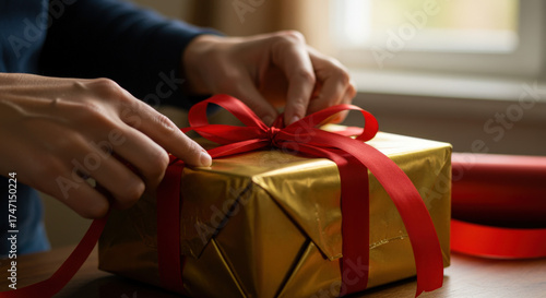Christmas Gift Wrapped in Gold Paper and Red Ribbon