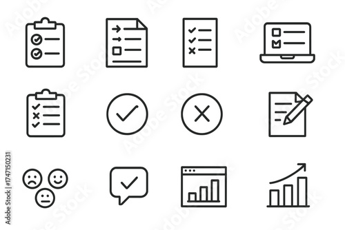 Survey and feedback line icon set. Questionnaire, checklist, and poll symbols. Customer satisfaction review, data analysis, and report pictogram collection for web and apps.