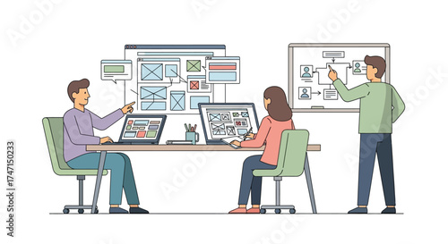 Illustration of team collaborating on digital project with laptops and interactive whiteboard in office