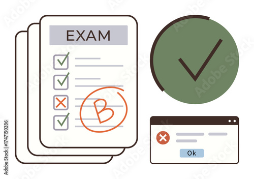 Exam papers with graded checklist and corrections, green check mark in a circle, and error message window. Ideal for education, assessment, feedback, performance review, grading, evaluation