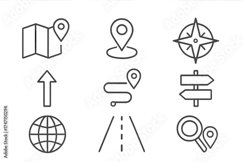 Navigation and map line icon set. Vector symbols for location, gps, destination, and travel. Includes compass, route, pin, direction, journey, search, and path for web and apps.