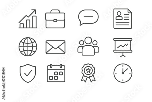 Business and finance thin line icons. Office communication and management outline pictograms. Web and mobile app essentials including chart, target, team, money, calendar, time.