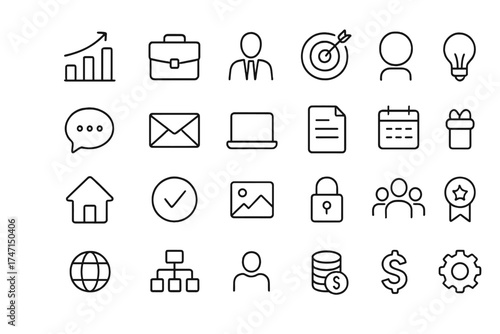 Thin line business essential & communication icons. Office pictograms for website, mobile app UI. Includes chart, awards, team, money, goal. Editable vector symbol set.
