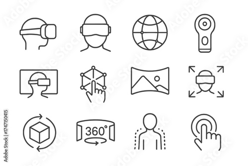 Virtual reality line icon set. VR technology, metaverse, and augmented reality outline icons. Includes VR headset, 360 camera, avatar, and interactive digital simulation symbols.