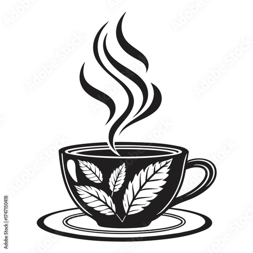 Black coffee cup with steam and leaf design saucer