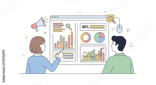 Illustration of business professionals analyzing colorful data charts and graphs on large screen in office setting