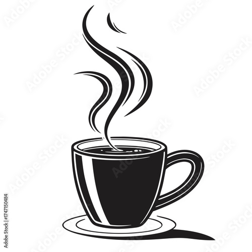Black coffee mug with steam on white background hot drink