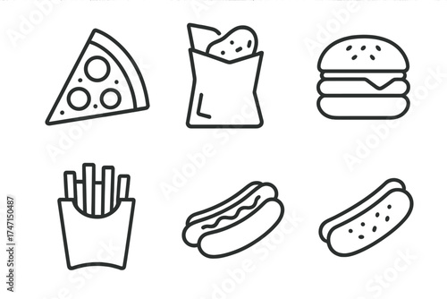 Fast food web icon set with vector line art. Includes pizza slice, potato chips, burger, french fries, hot dog, classic fast food collection, transparent background