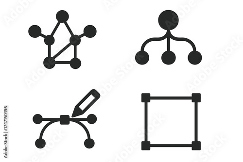 Vector graphic design icons set. Network connection, data hierarchy structure, pen tool path, and transform box symbols. Creative process, web, and technology concepts.