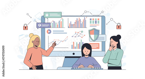 Illustration of team analyzing data visualization on computer screen with security and analytics tools