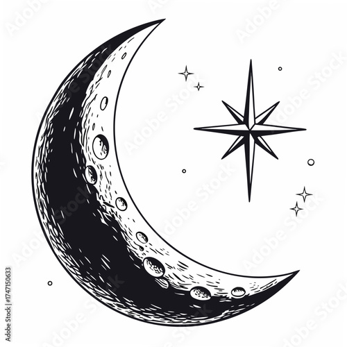 Black crescent moon with star on white background moon phase