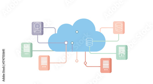 Illustration of modern cloud computing network with interconnected servers and data storage units