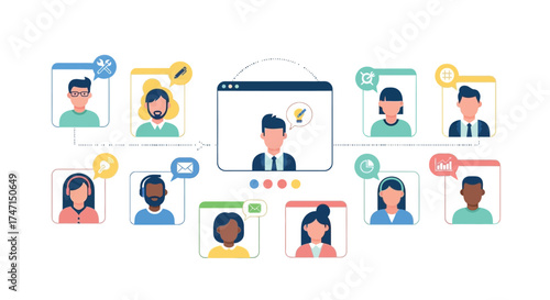 Illustration of diverse team collaborating online through video conference and digital communication tools