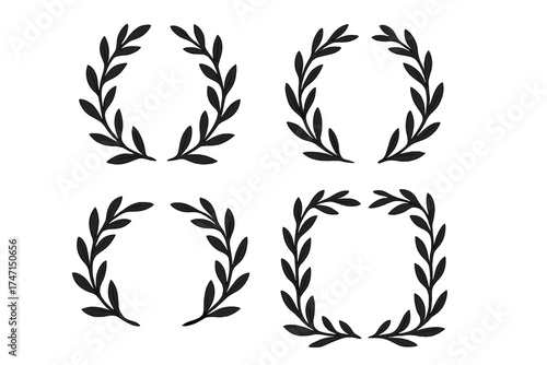 Collection of elegant black laurel wreaths vector set, minimalist natural olive branch decoration, classic award and victory symbols, isolated transparent background design elements