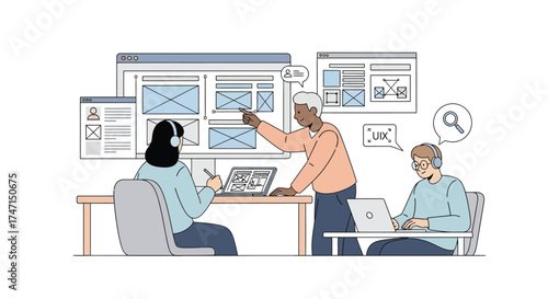 Illustration of team of professionals collaborating on web design and email marketing projects in office