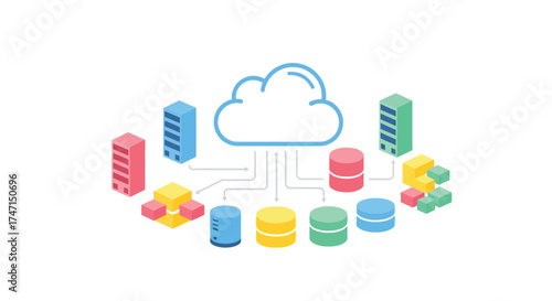 Illustration of modern cloud computing and data storage network with servers and databases