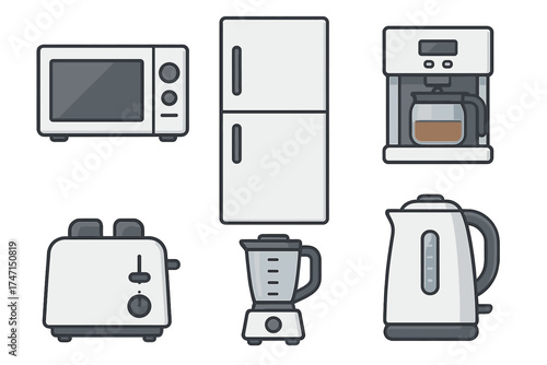 Modern kitchen appliances set vector illustration with microwave, refrigerator, coffee maker, toaster, blender, and electric kettle icons in white and gray colors, transparent background