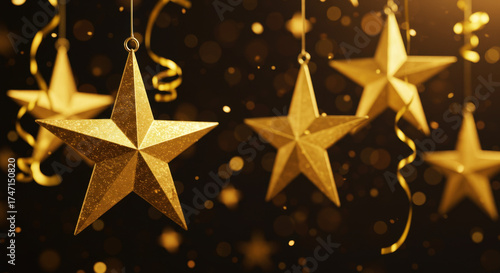 Golden 3D Stars Hanging on Festive Background