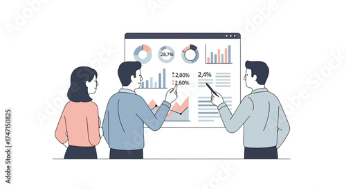 Illustration of business team analyzing data charts and graphs on large screen during presentation