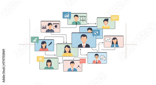 Illustration of diverse group of professionals in virtual meeting on digital platform with video call screens
