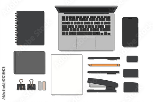 Office and Business Workspace Essentials Vector Illustration with Laptop, Smartphone, Notebooks, Pens, Stapler, Clips, Erasers, and Paper, Organized Flat Lay on Transparent Background