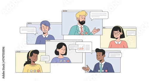 Illustration of diverse group of professionals engaging in virtual meeting with speech bubbles