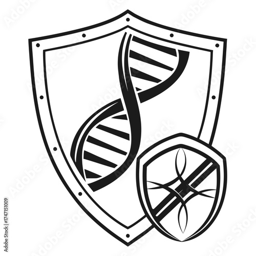 Black D N A helix inside shield emblem on white background