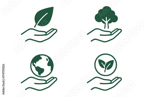 Eco-friendly sustainable development goals vector set with green hand holding leaf, tree, earth globe, and organic growth symbols, transparent background, environmental conservation