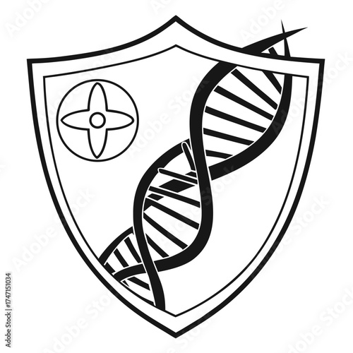 Black D N A helix inside shield with four petal symbol