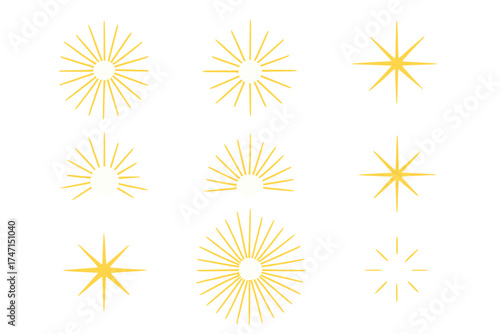 Set of Golden Starburst Vector Illustrations with Transparent Background, Decorative Sparkle and Shine Elements, Radiant Glow Design for Holiday, Celebration, or Luxury Themes