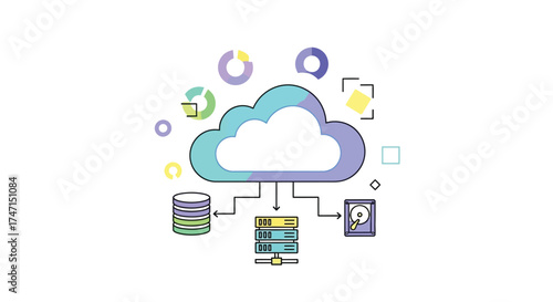 Illustration of modern cloud computing and data storage network diagram
