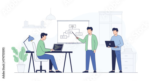 Illustration of team of professionals collaborating on project with laptops and whiteboard in modern office