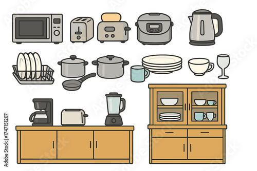 Kitchen Appliance and Utensils Vector Illustration Set with Transparent Background, Modern Cooking Tools, Microwave, Toaster, Rice Cooker, Kettle, Cookware, Coffee Maker, Blender, Cabinet Storage
