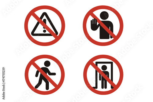 Set of Prohibition and Warning Signs Vector Illustration with Transparent Background, No Entry, No Walking, No Access, Safety and Caution Symbols for Industrial and Public Use