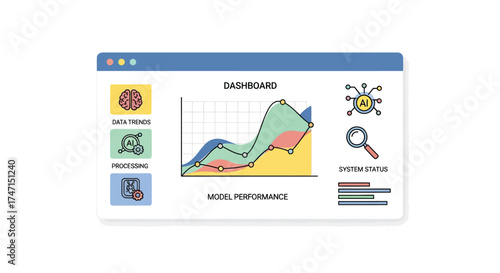 Illustration of digital dashboard with analytics, graphs, and data visualization tools