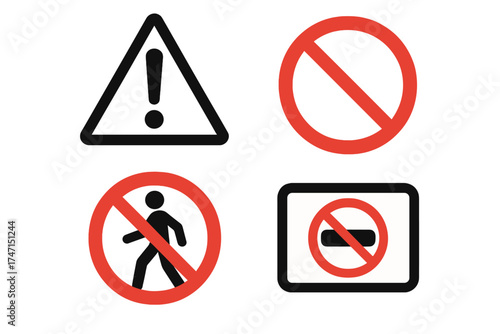 Warning and Prohibition Signs Vector Illustration Set with Transparent Background, Including No Entry, No Pedestrians, Caution Triangle, and Restriction Symbols for Safety and Compliance
