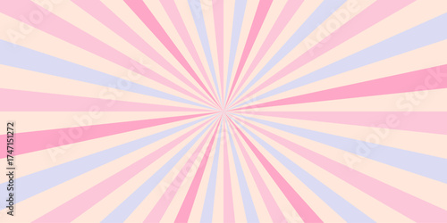 Radial burst background with twisted stripes. Pastel pink and blue colors. Cute sunburst pattern for baby shower, gender reveal, kawaii aesthetic, or social media design. Vector illustration.