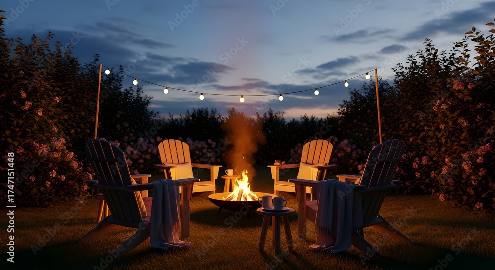 Fototapeta premium Enjoy cozy evenings with friends around a warm fire pit, sharing stories under the starlight, creating lasting memories in your backyard oasis