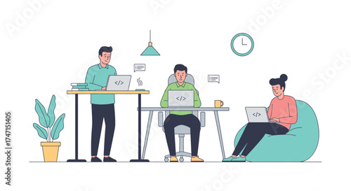 Illustration of diverse team collaborating in modern office with laptops and digital devices