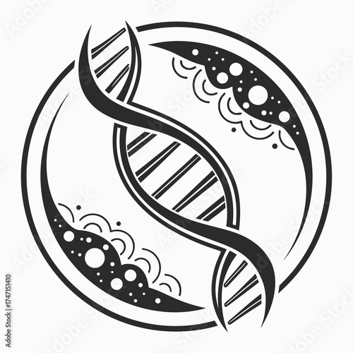 Black dna helix inside circle with abstract patterns
