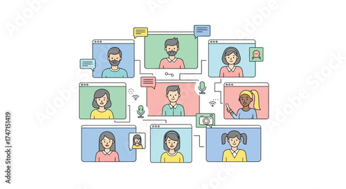 Illustration of diverse group of people in virtual meeting on computer screens