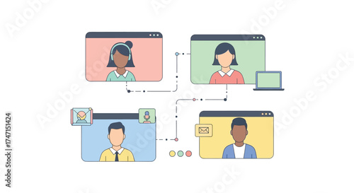 Illustration of diverse people engaging in virtual meetings and online collaboration on laptops
