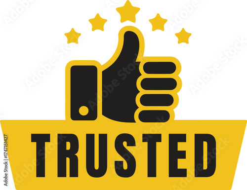 Trusted Badge Vector – Thumbs Up and Star Quality Guarantee Label Illustration