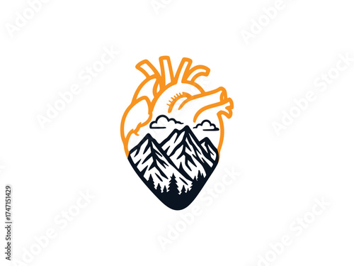 Mountains Inside a Heart logo t-shirt design – Adventure and Passion Line Art Vector