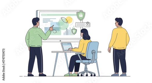 Illustration of team collaborating on cybersecurity project with digital interface and data protection concepts