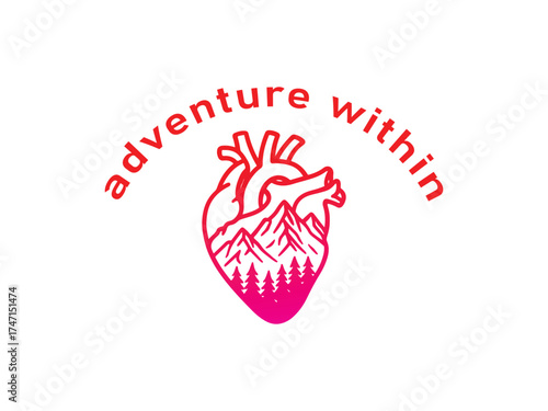 Mountains Inside a Heart logo t-shirt design – Adventure and Passion Line Art Vector