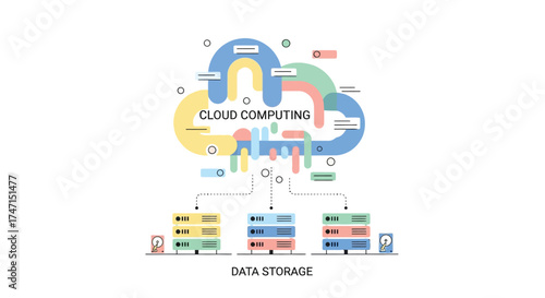 Illustration of cloud computing and data storage concept with colorful cloud and icons